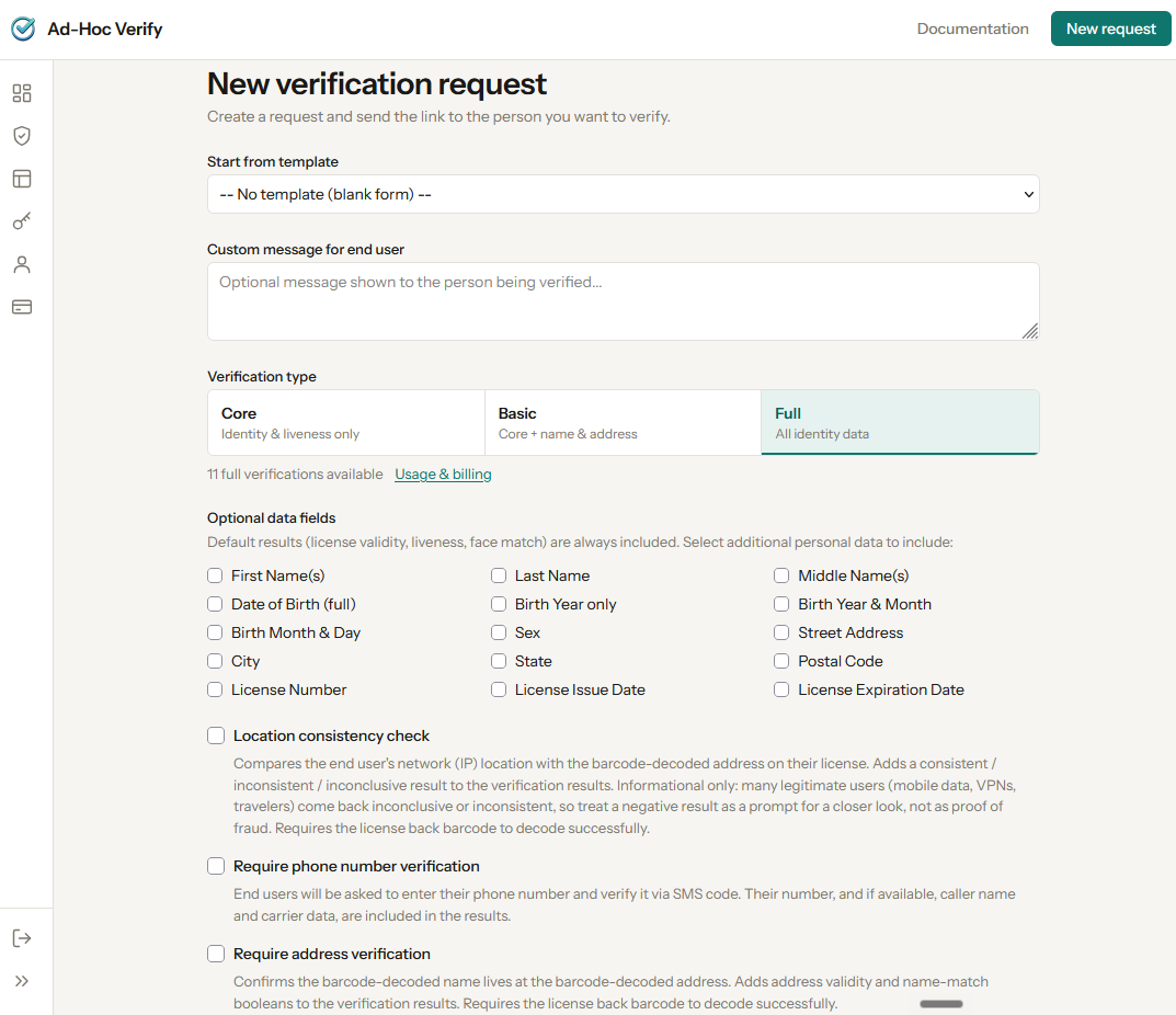 New request form with the field selection checkboxes