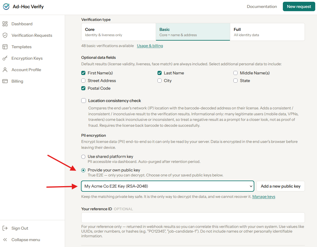 New request form with the encryption setting set to use your own key and a key selected from the list