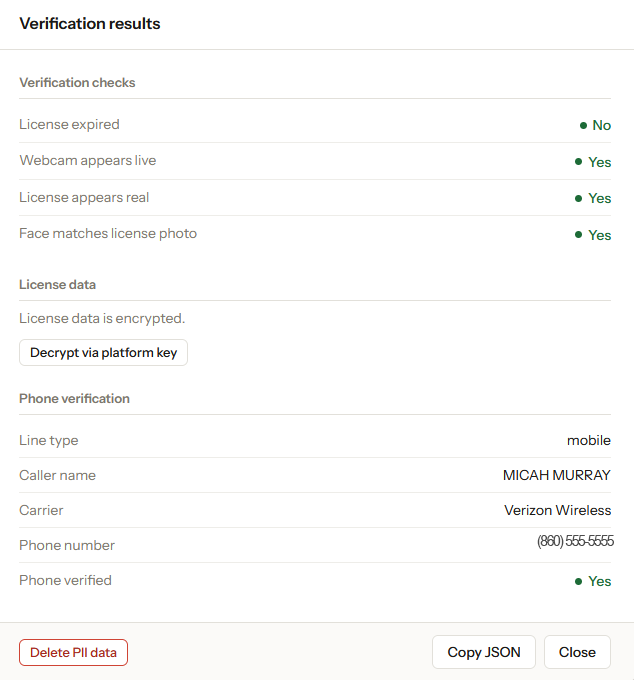 Completed verification result on the dashboard