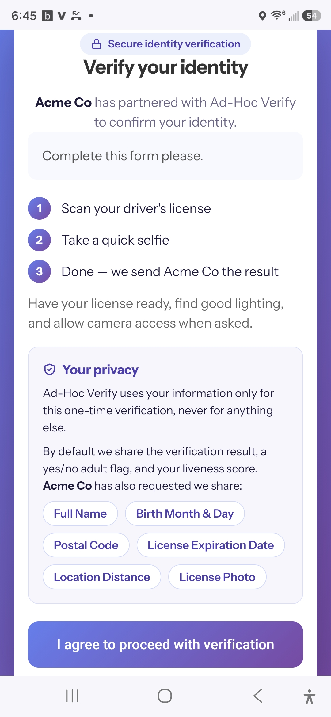 The consent screen an end user sees before verification, listing the information requested