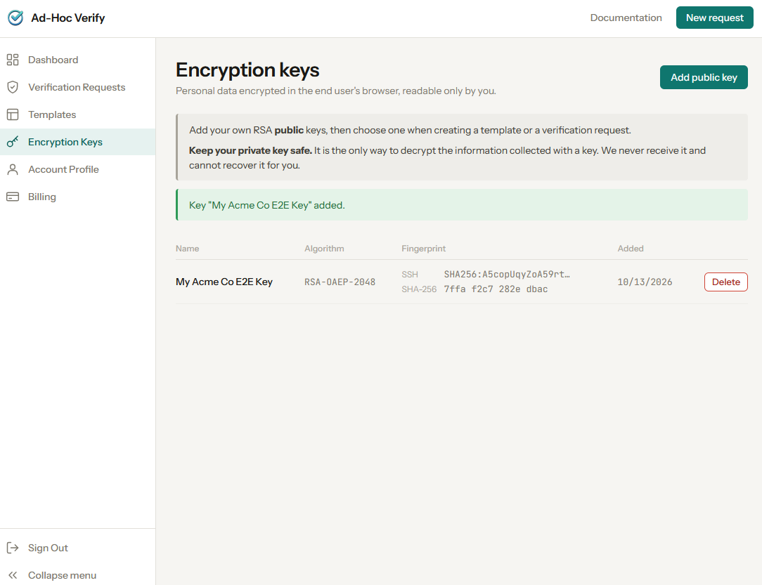 The Keys page listing a saved key with its SSH and SHA-256 fingerprints