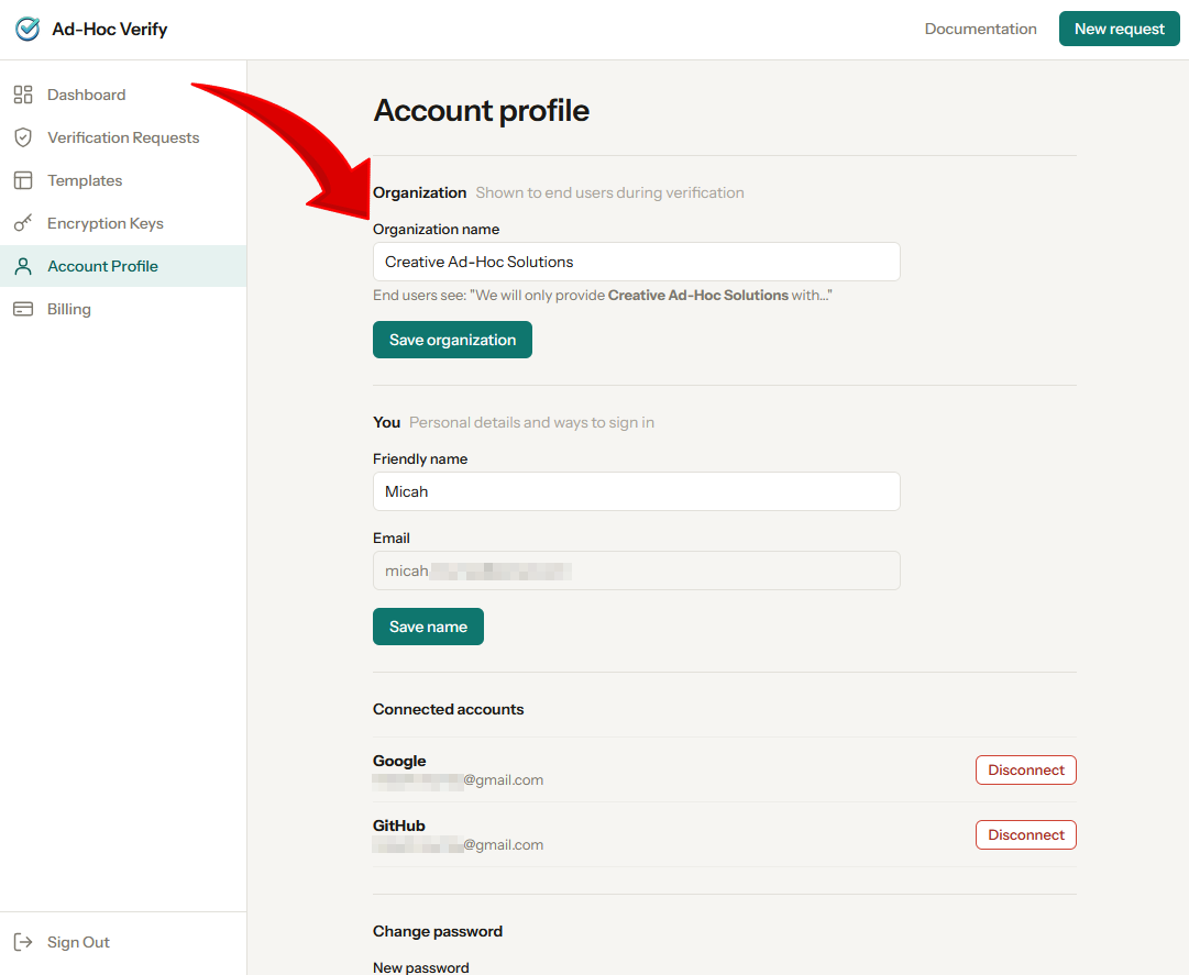 Screenshot profile page with arrow indicating SET NAME field
